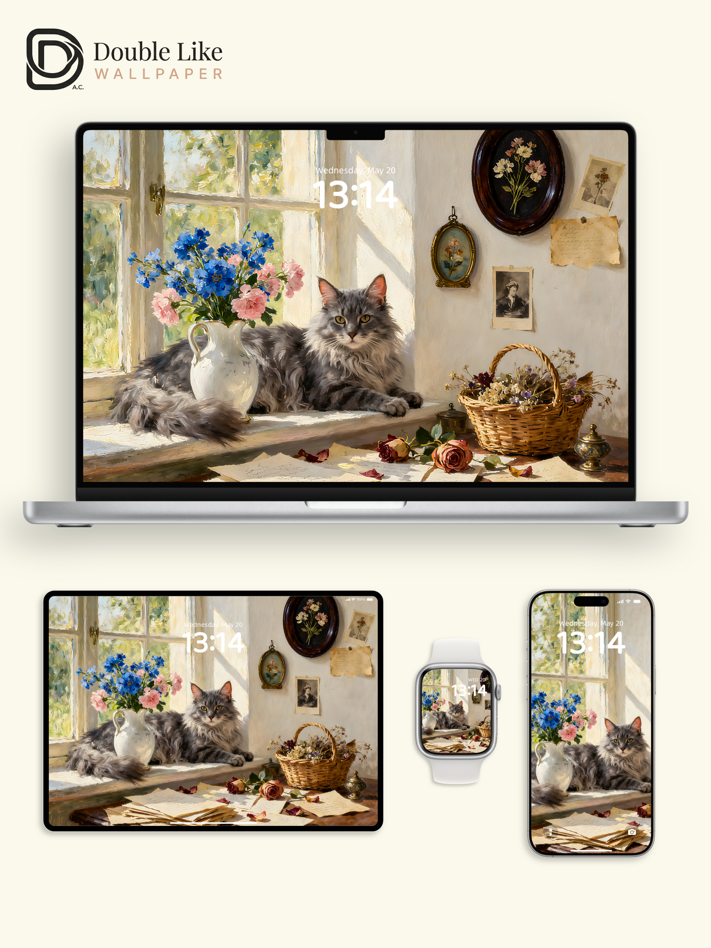 Vintage Oil Painting Fluffy Maine Coon Cat Window Flowers Aesthetic Wallpaper Pack [#ZMY497]