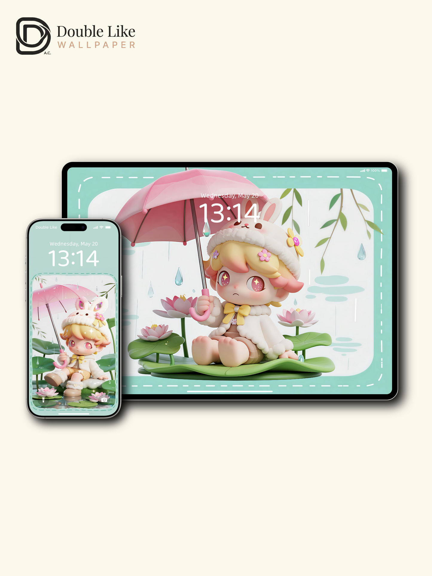 Rainy Lotus Bunny 🌧️ Cute Healing IP Wallpaper Set Phone & Tablet [#JJ190]