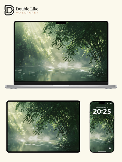 Sunlit Bamboo Forest Lake Peaceful Nature Digital Art Wallpaper Pack [#WGF006]