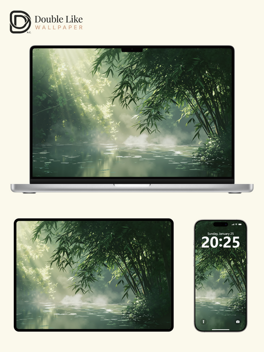 Sunlit Bamboo Forest Lake Peaceful Nature Digital Art Wallpaper Pack [#WGF006]