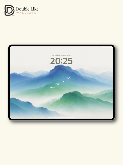 Blue Mist Mountain & Flying Birds Calming Minimal Chinese Landscape Wallpaper Pack [#LFHL30417]