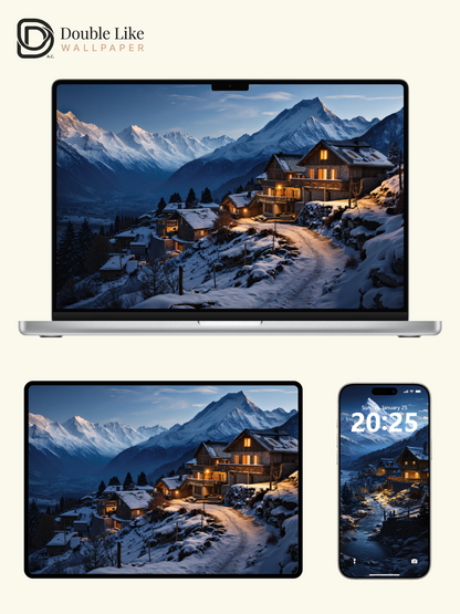 Cozy Winter Snowy Mountain Village Evening Cinematic Wallpaper Pack [#WGF002]