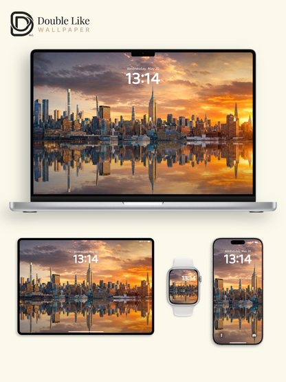New York City Skyline Sunset Water Reflection Landscape Wallpaper Pack [#ZJYR006]