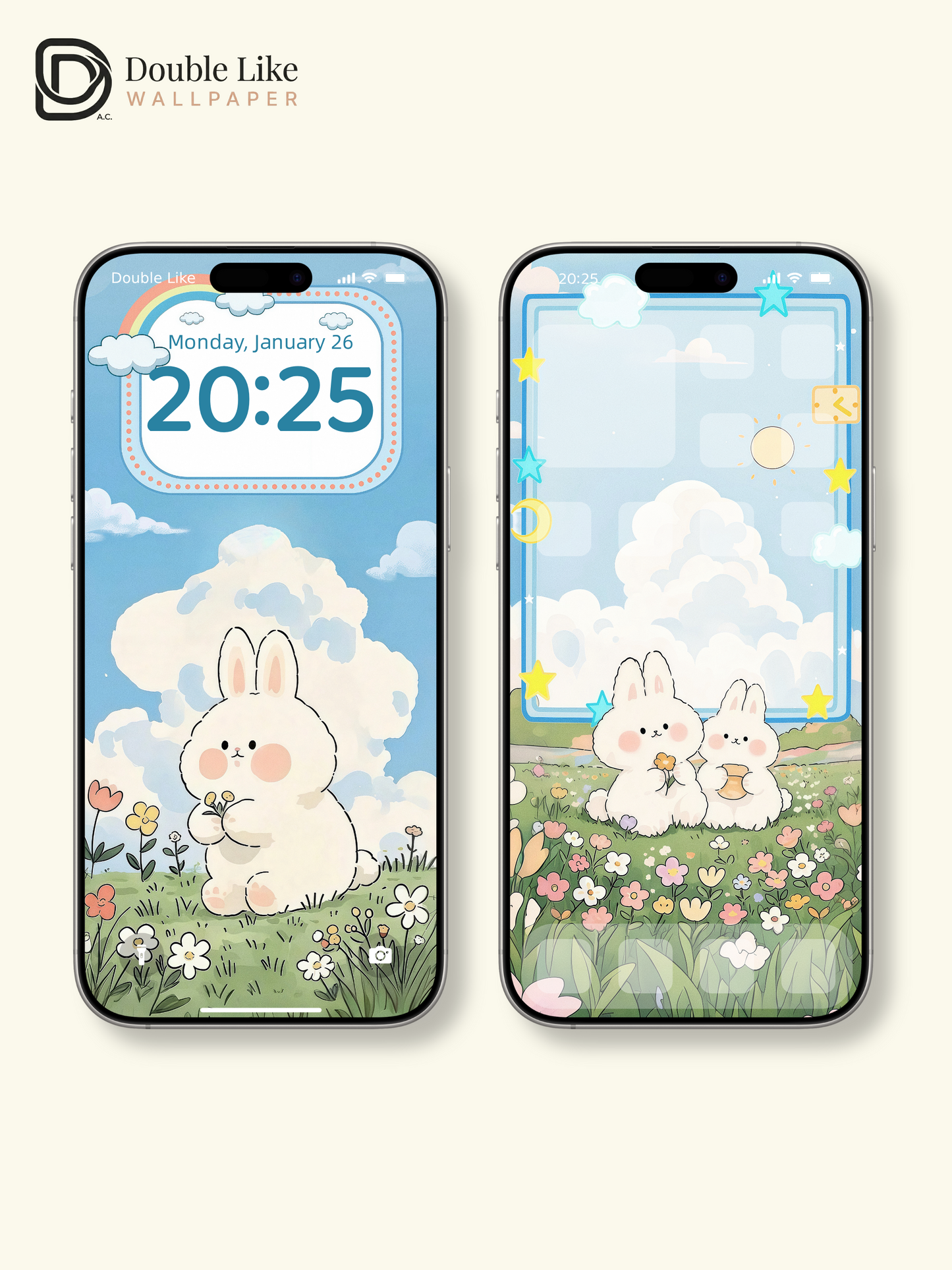Cute Fluffy Bunny Rainbow Garden Illustration Wallpaper Pack [#JJ08]
