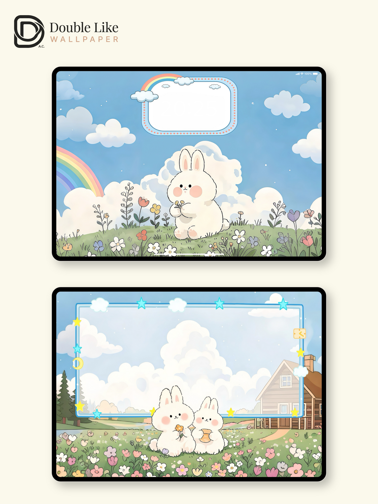 Cute Fluffy Bunny Rainbow Garden Illustration Wallpaper Pack [#JJ08]