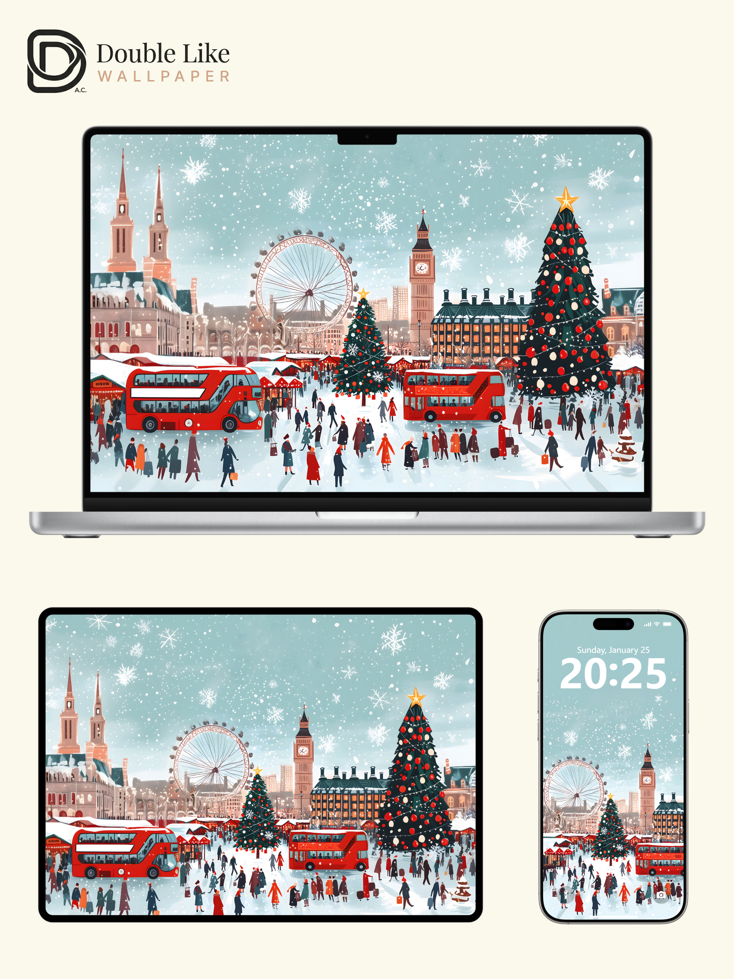 Christmas London Snow Street Illustration Aesthetic Wallpaper Pack [#WGF064]