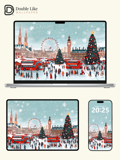 Christmas London Snow Street Illustration Aesthetic Wallpaper Pack [#WGF064]
