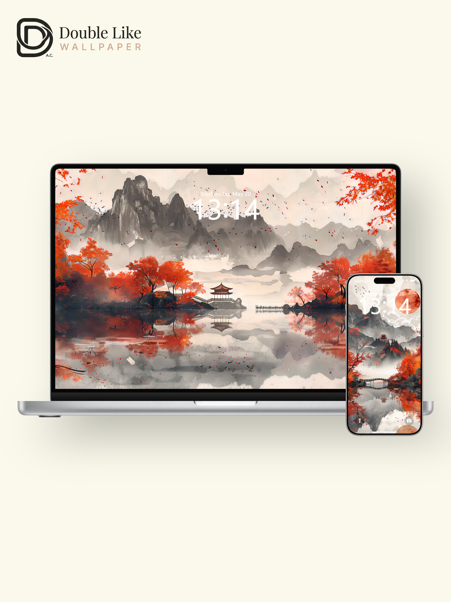 Autumn Red Maple Chinese Ink Mountain Lake Aesthetic Wallpaper Pack [#WGF013]