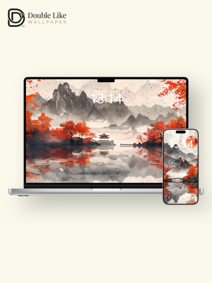 Autumn Red Maple Chinese Ink Mountain Lake Aesthetic Wallpaper Pack [#WGF013]