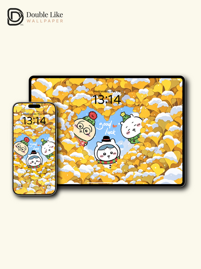 Ginkgo Snow & Good Luck – Cute Animal Winter Wallpaper Set  [#CKW316]