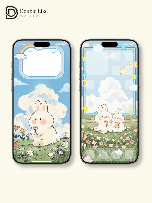Cute Fluffy Bunny Rainbow Garden Illustration Wallpaper Pack [#JJ08]