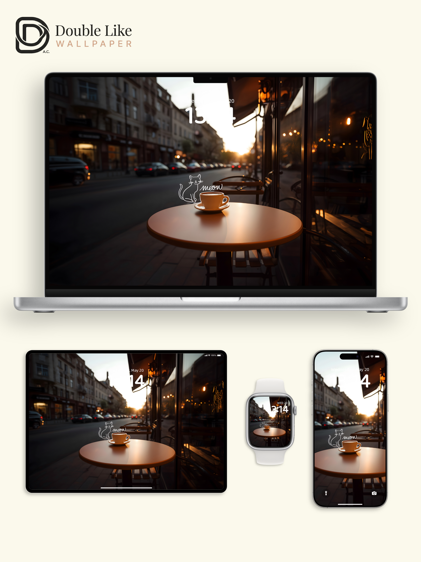 Cozy Cafe Street Golden Hour Aesthetic Wallpaper [#ZJYX0730]