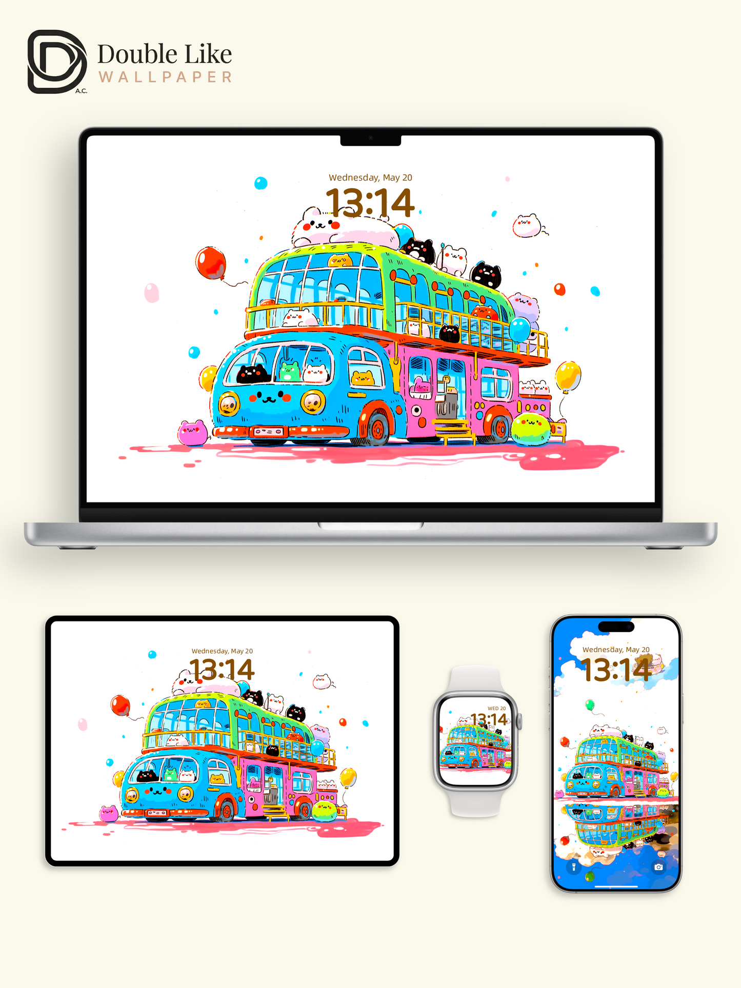 Cute Kawaii Animals Double Decker Tour Bus Summer Aesthetic Wallpaper Pack [#HW1505]