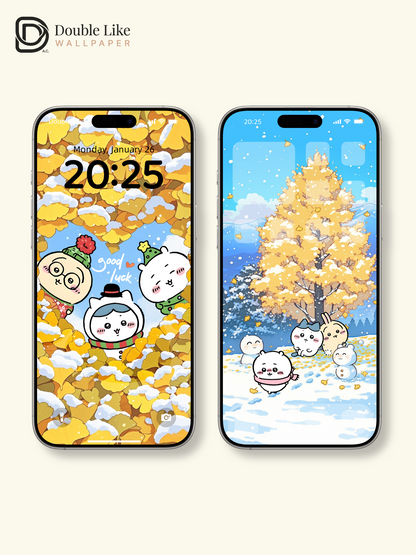 Ginkgo Snow & Good Luck – Cute Animal Winter Wallpaper Set  [#CKW316]