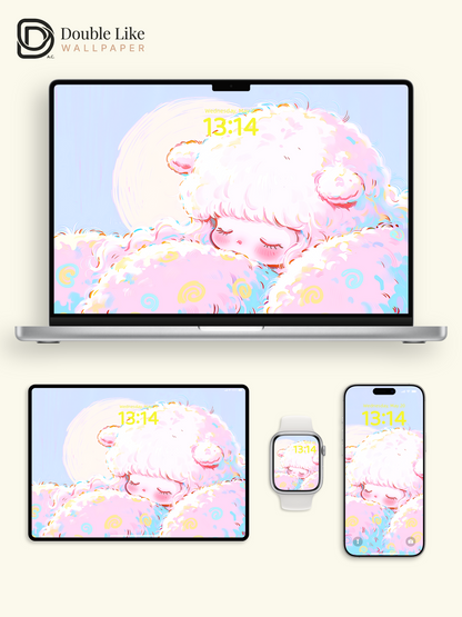 Cute Sleeping Lamb Anime Girl Cozy Pastel Cloud Kawaii Aesthetic Wallpaper [#HW1499]