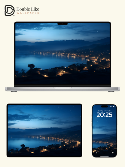 Blue Night City Lights Lakeside Mountains Wallpaper Pack [#ZJYX0130]