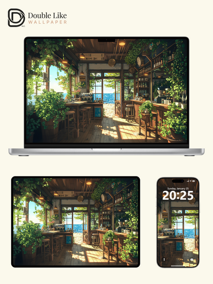 Cozy Seaside Cafe Plant Anime Inspired Aesthetic Wallpaper Pack [#WGF054]