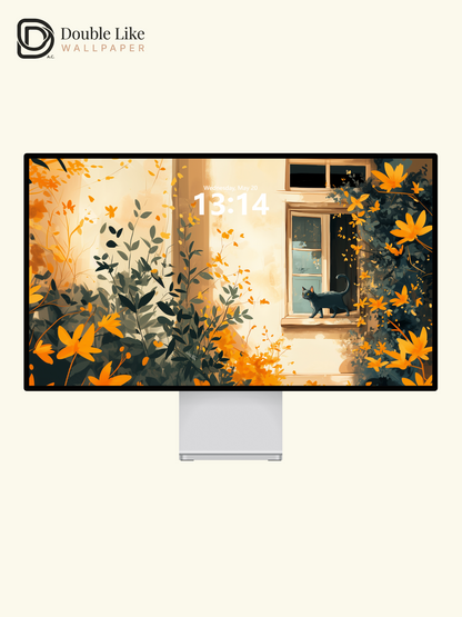Cozy Window Black Cat Warm Afternoon Illustration Wallpaper Pack [#WGF083]