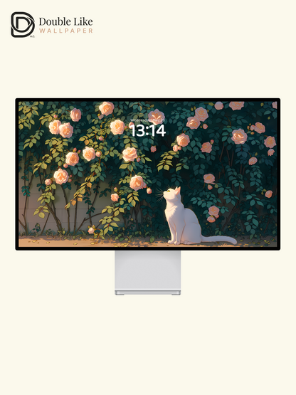 Aesthetic White Cat in Golden Rose Garden Anime Wallpaper Pack [#LFHL1063]