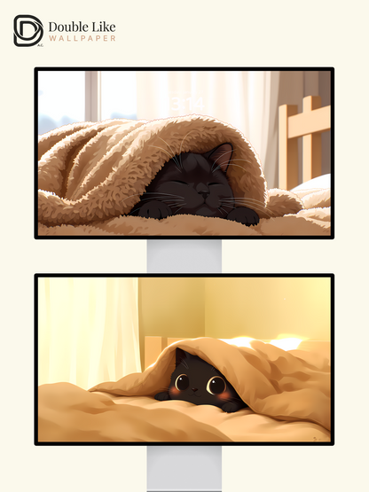Cozy Cute Black Cat Sleeping in Blanket Anime Multi Device Wallpaper Pack [#LFHL1065]