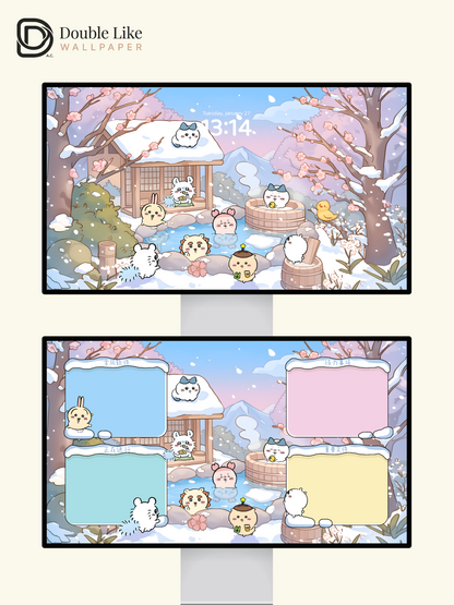Snowy Onsen & Cherry Blossoms – Cute Animal Winter Healing Wallpaper Set (Lock Screen + Home Screen) [#CKW302]