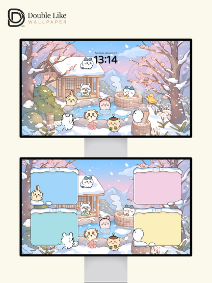 Snowy Onsen & Cherry Blossoms – Cute Animal Winter Healing Wallpaper Set (Lock Screen + Home Screen) [#CKW302]