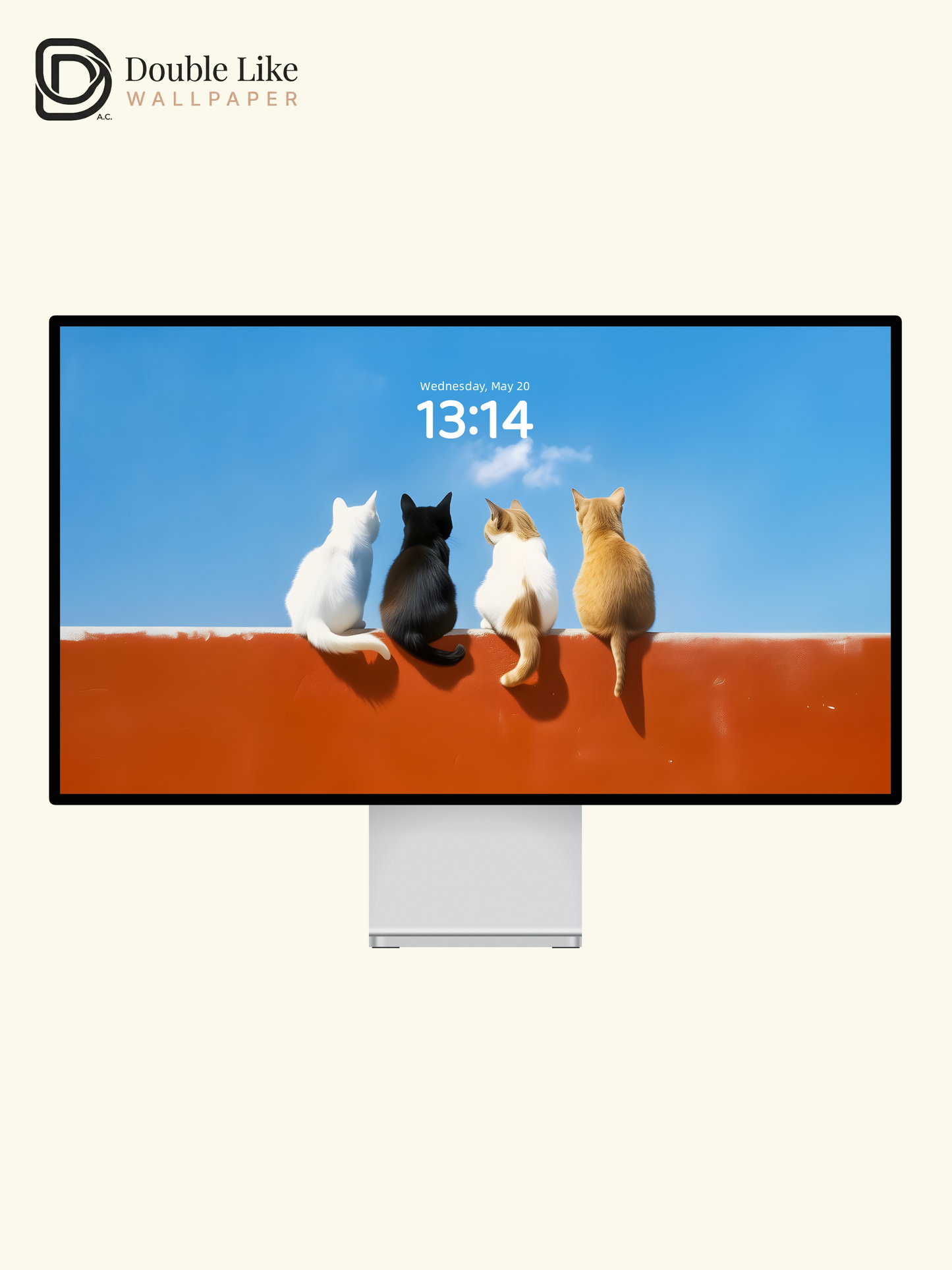 Four Cats Wall Sitting Blue Sky Minimalist Cute Aesthetic Wallpaper Pack [#ZMY540]