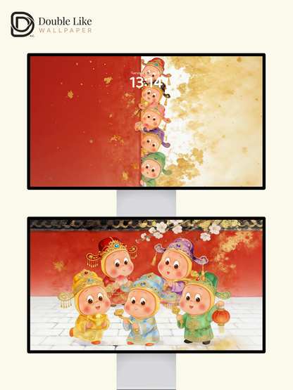 Product Name: Five Cute Lucky Kids Happy New Year Full Wallpaper Pack [#JJ324]