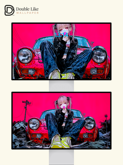 Retro Anime Girl Sports Car Cyberpunk Magenta Aesthetic Wallpaper Pack [#HW1513]