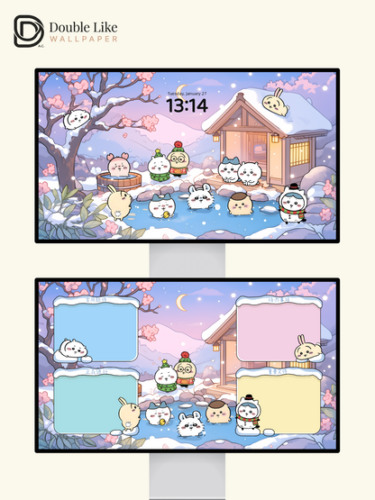Snowy Onsen & Cherry Blossoms – Cute Animal Winter Healing Wallpaper Set (Lock Screen + Home Screen) [#CKW302]