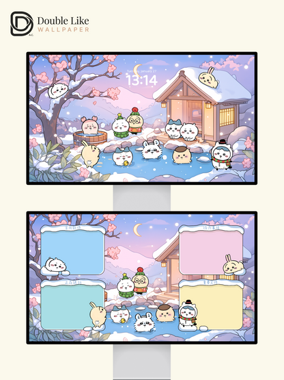 Snowy Onsen & Cherry Blossoms – Cute Animal Winter Healing Wallpaper Set (Lock Screen + Home Screen) [#CKW302]