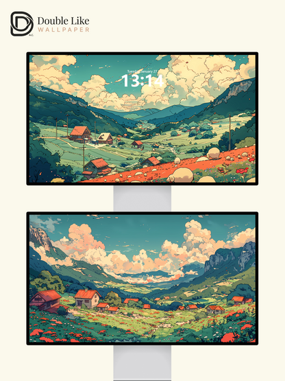 Retro Mountain Valley Village Pastoral Illustration Aesthetic Wallpaper Pack [#WGF009]