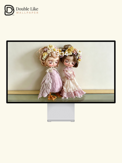 Vintage Floral Twin Blythe Dolls Pastel Dreamy Aesthetic Wallpaper [#HWWs003]