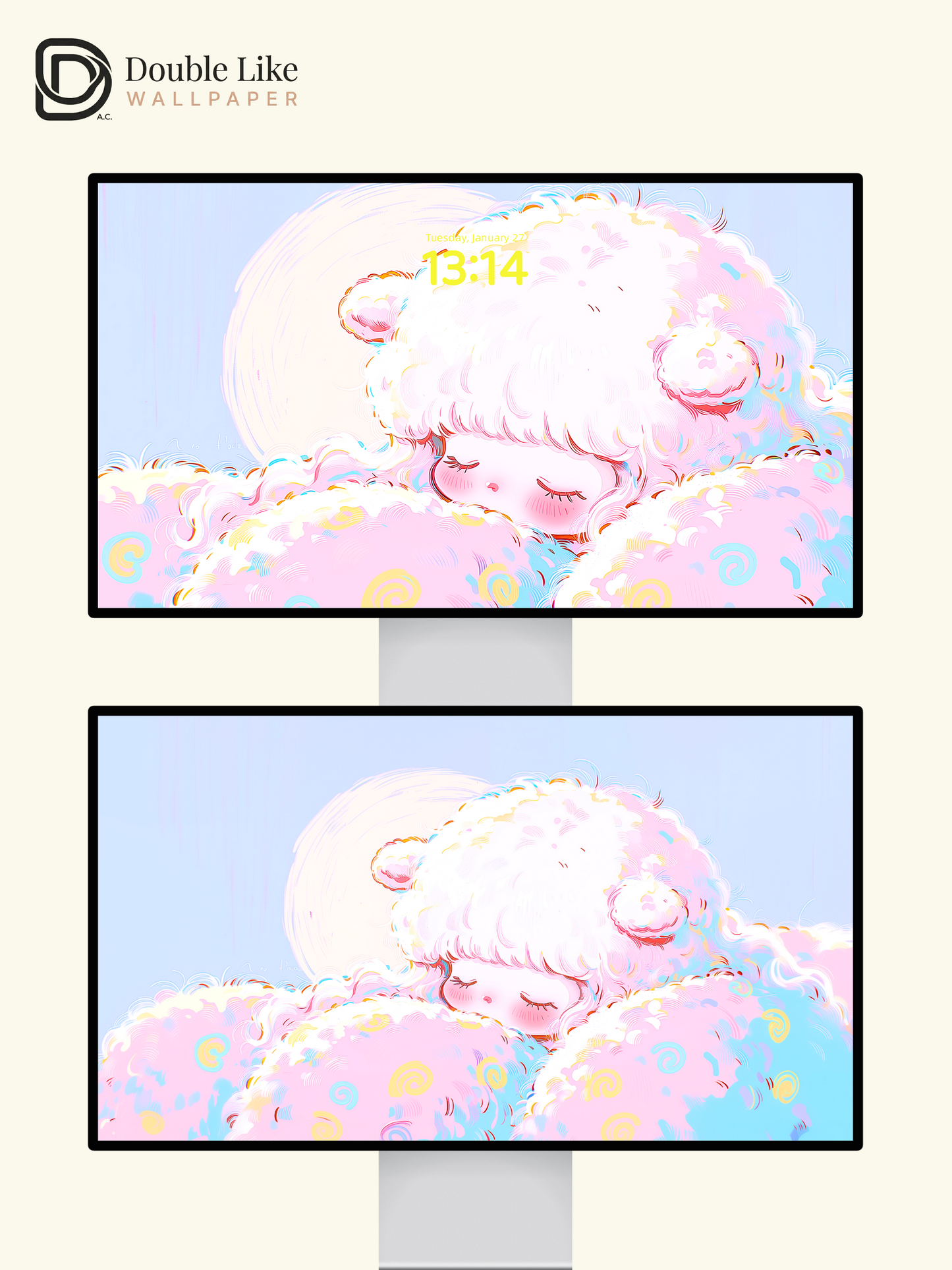 Cute Sleeping Lamb Anime Girl Cozy Pastel Cloud Kawaii Aesthetic Wallpaper [#HW1499]
