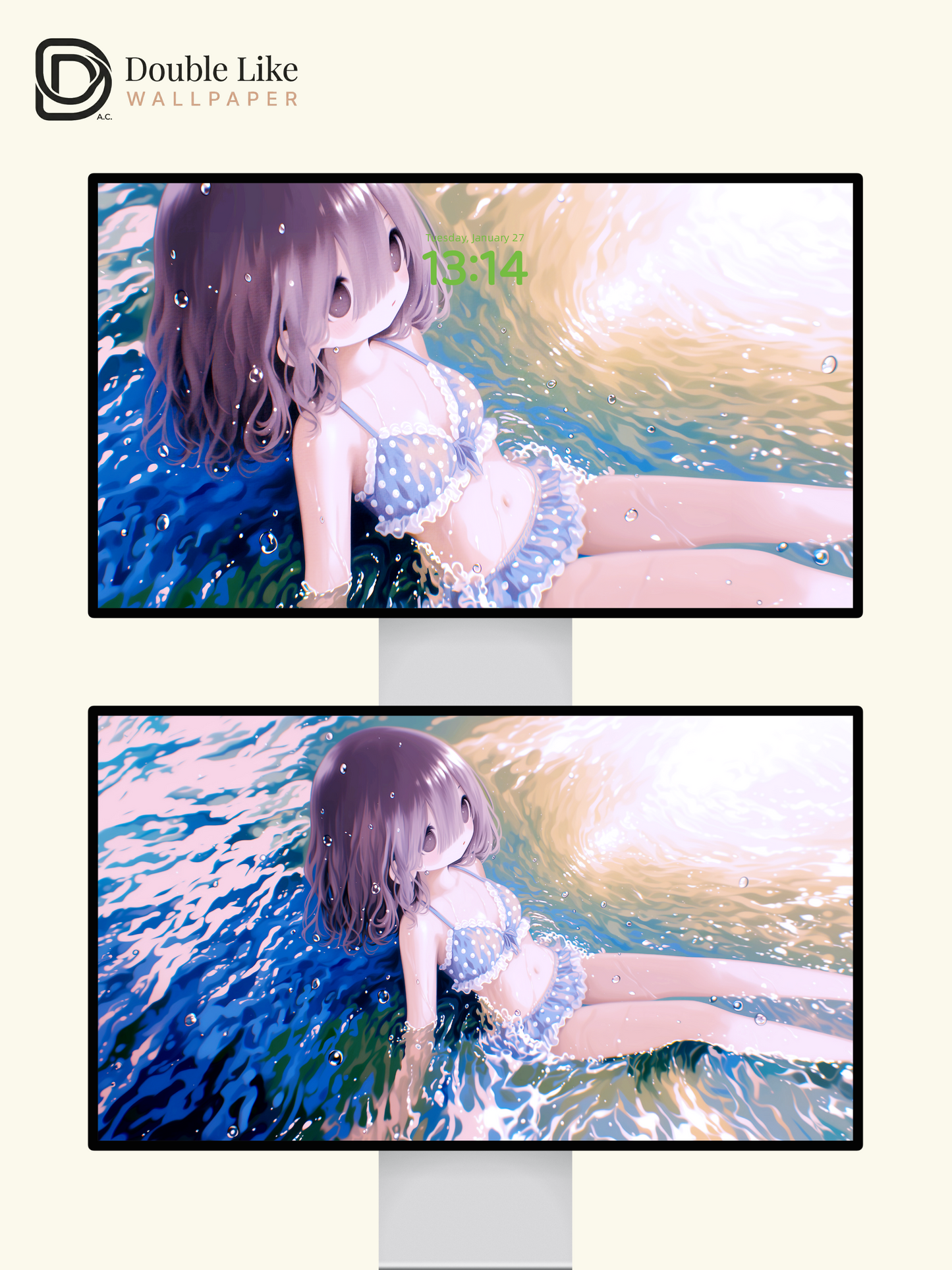Cute Anime Girl Summer Ocean Water Waves Kawaii Aesthetic Wallpaper [#HW1468]