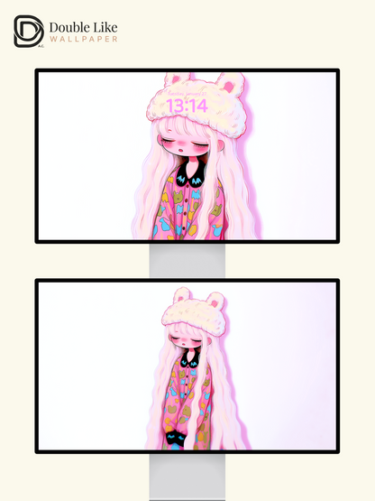 Kawaii Sleeping Anime Girl Plush Bear Hat Wallpaper [#HW1476]