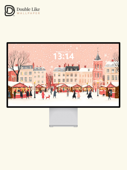 Pink Christmas Village Market Snow Illustration Aesthetic Wallpaper Pack [#WGF071]