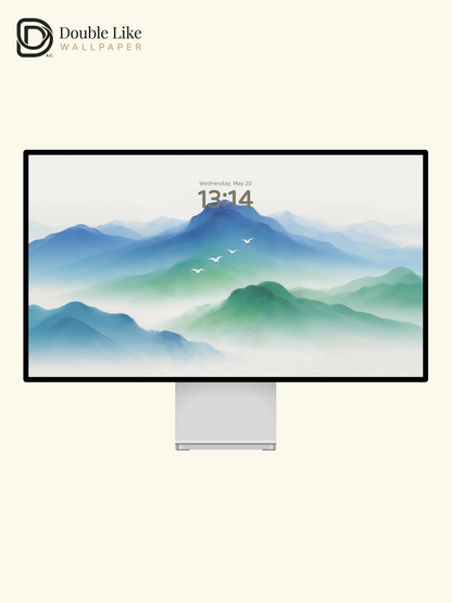 Blue Mist Mountain & Flying Birds Calming Minimal Chinese Landscape Wallpaper Pack [#LFHL30417]