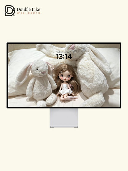 Calm Bedroom Blythe Doll White Dress Fluffy Rabbit Healing Aesthetic Wallpaper [#HWWs015]