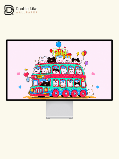 Cute Kawaii Animals Double Decker Party Bus Aesthetic Wallpaper Pack [#HW1502]