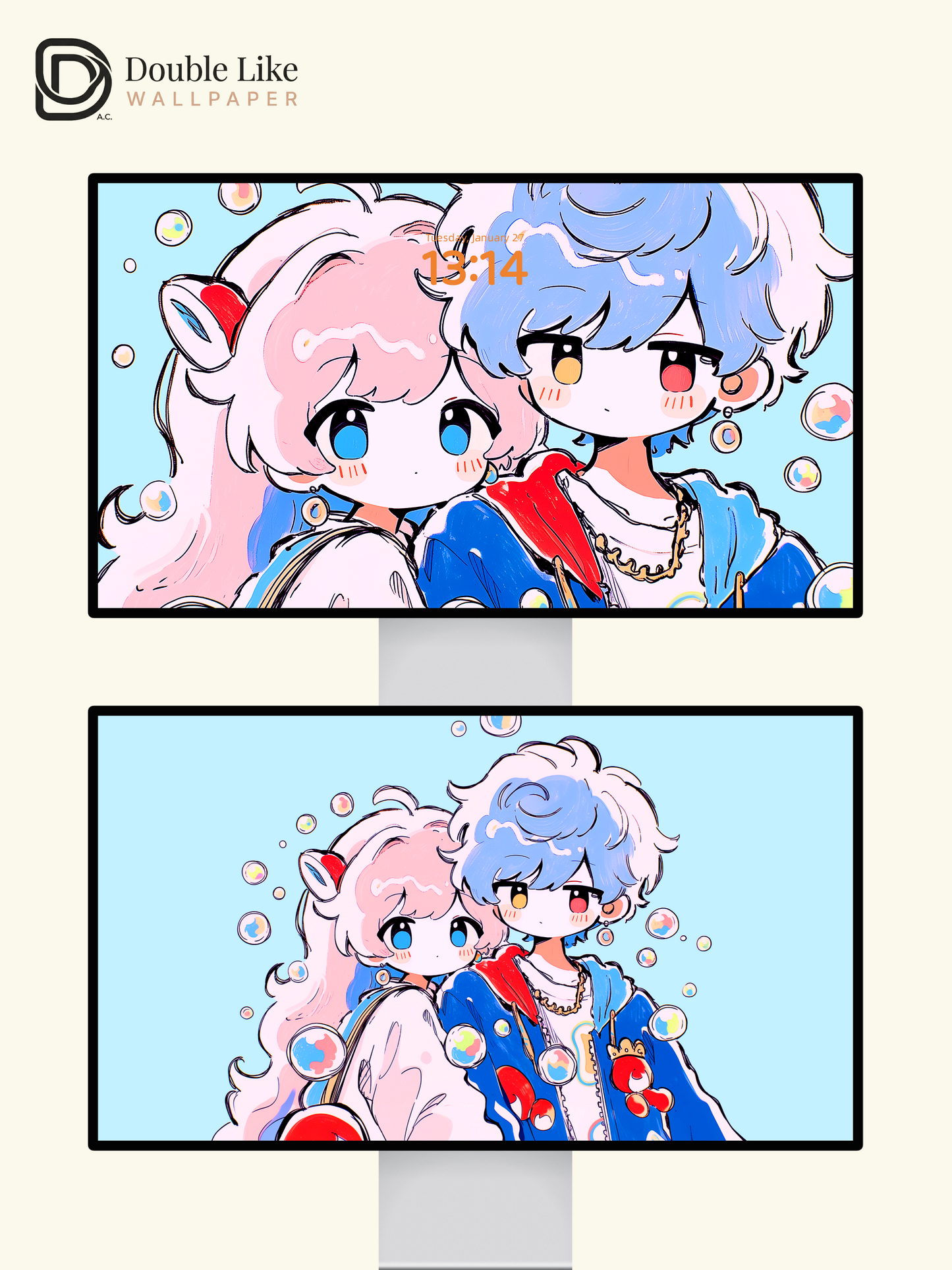 Cute Anime Couple Pastel Bubbles Romantic Kawaii Aesthetic Wallpaper Pack [#HW1516]