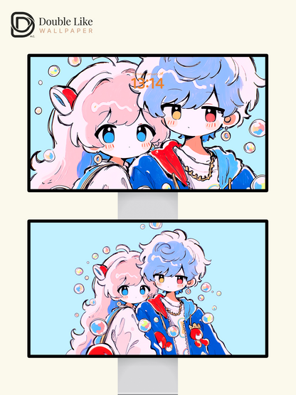 Cute Anime Couple Pastel Bubbles Romantic Kawaii Aesthetic Wallpaper Pack [#HW1516]