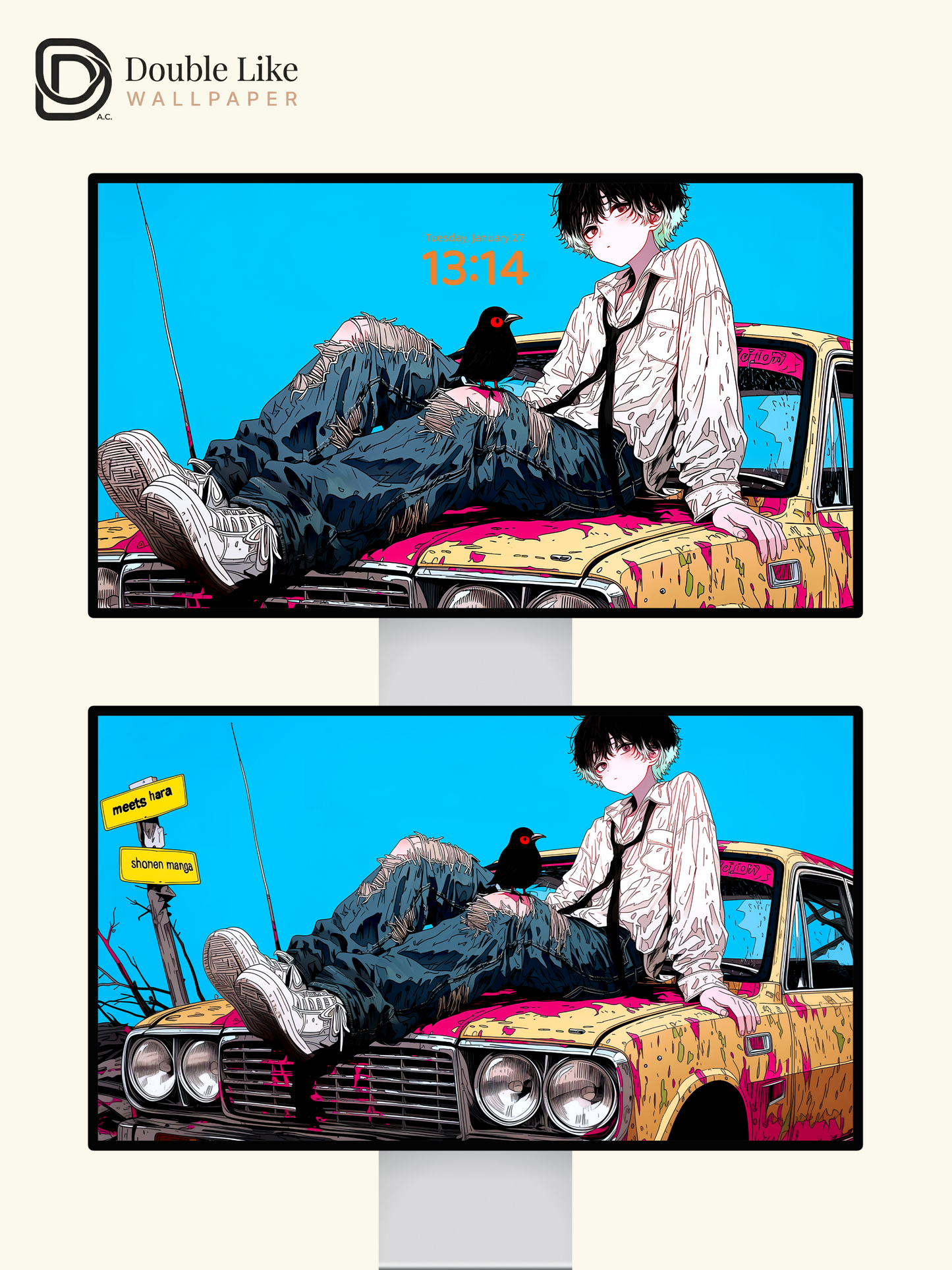 Retro Anime Boy Vintage Car Cyan Sky Urban Grunge Aesthetic Wallpaper Pack [#HW1515]