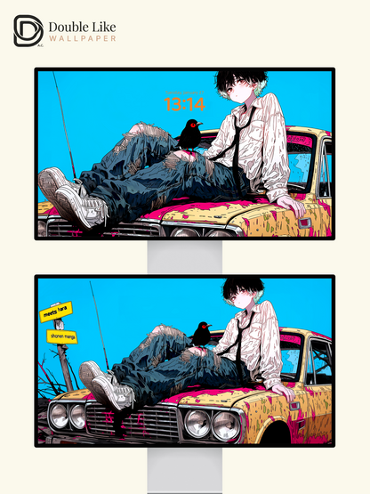 Retro Anime Boy Vintage Car Cyan Sky Urban Grunge Aesthetic Wallpaper Pack [#HW1515]