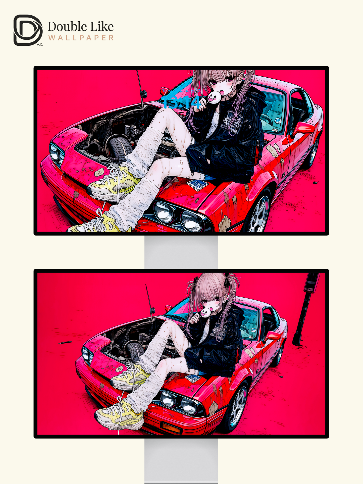 Retro Anime Girl Sports Car Cyberpunk Magenta Aesthetic Wallpaper Pack [#HW1512]