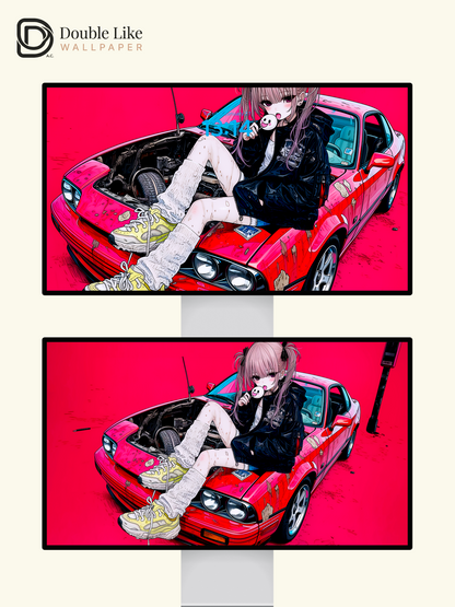 Retro Anime Girl Sports Car Cyberpunk Magenta Aesthetic Wallpaper Pack [#HW1512]