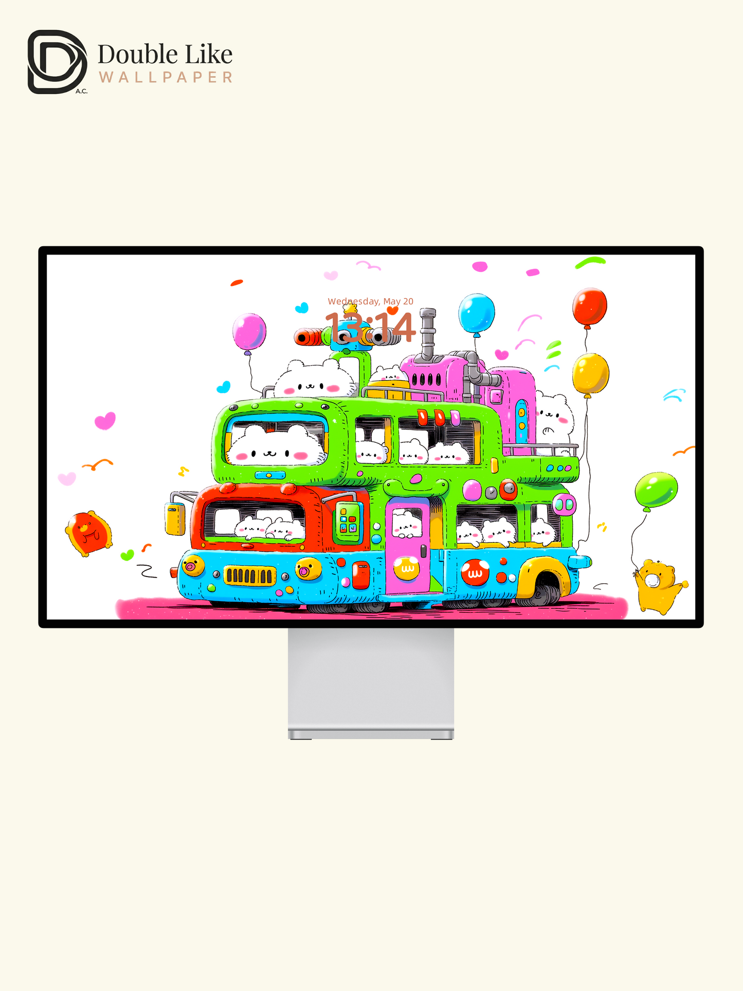Cute Kawaii Animals Colorful Double Decker Bus Aesthetic Wallpaper Pack [#HW1504]