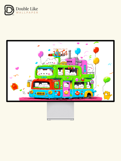 Cute Kawaii Animals Colorful Double Decker Bus Aesthetic Wallpaper Pack [#HW1504]