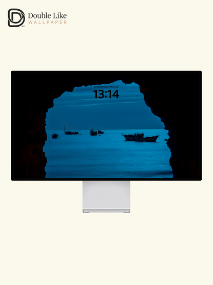 Combined Product Name: Cave Framed Deep Blue Sea Lone Fishing Boat Lonely Calming Atmospheric Cool Tone Ocean Landscape Full-Device Wallpaper Pack [#ZMY029]