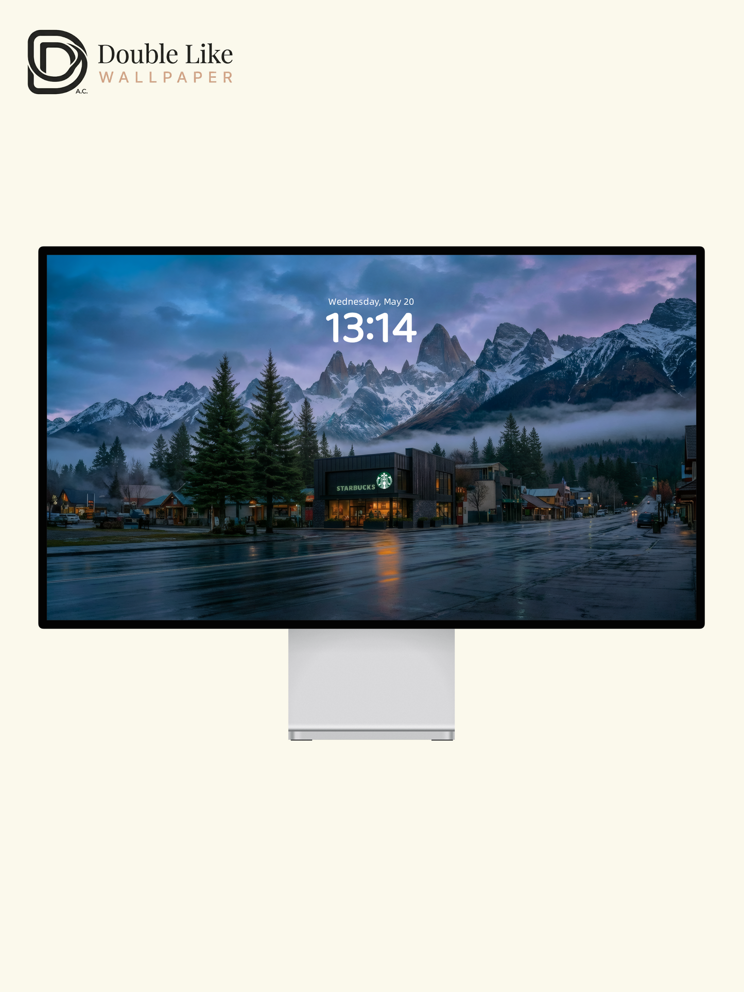 Snowy Mountain Town Starbucks Evening Landscape Wallpaper Pack [#ZJY2570]